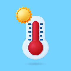 Weather thermometer with hot temperature. 3D sun, forecast graphic element. Realistic render vector heat icon for app, web design, tv show