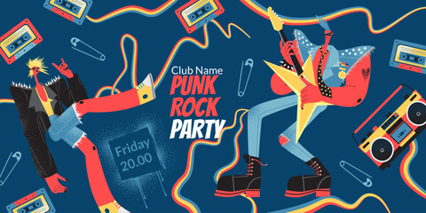 Punk rock party banner template. Vector illustration with funny guitarist and girl characters