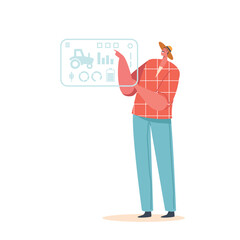 Farmer Utilizes Artificial Touch Screen To Monitor And Control Various Aspects Of The Farm, Cartoon Vector Illustration
