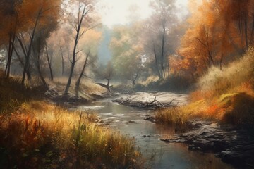 autumn river in the forest landscape, watercolor Generative AI painting background