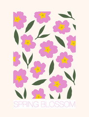 Spring blossom - retro aesthetic vector background with cute spring flowers. Vintage floral 70s style art print.
