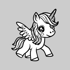 Cute cartoon unicorn . Fantastic animal. Black and white, linear, image. For the design of coloring books, prints, posters, stickers, tattoos, etc. Vector