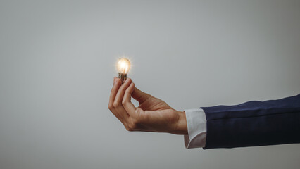 Business idea concept, Hands of business woman in suit holding light bulb with innovation and inspiration creative agency new beginning Analyzing data