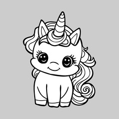 Cute cartoon unicorn . Fantastic animal. Black and white, linear, image. For the design of coloring books, prints, posters, stickers, tattoos, etc. Vector