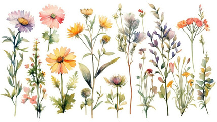 Fototapeta na wymiar delicate watercolor beautiful meadow flowers on white background. generative ai 