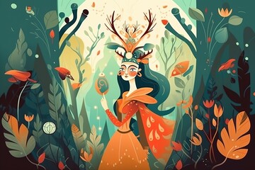cartoon illustration, queen in the forest, generative ai