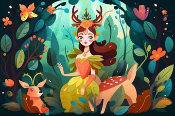 cartoon illustration, queen in the forest, generative ai