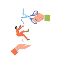 Hand Holding Scissors Symbolically Cuts The String Binding A Businessman, Causing Him To Fall Into The Waiting Hand