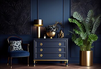Commode with decor in living room interior dark blue wall 