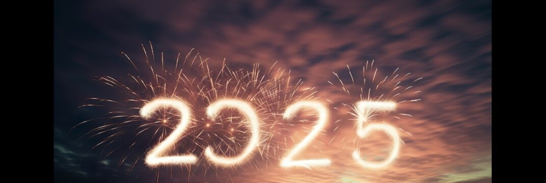 Banner mit einem leuchtenden Feuerwerk zum Jahreswechsel 2025 (Generative AI)