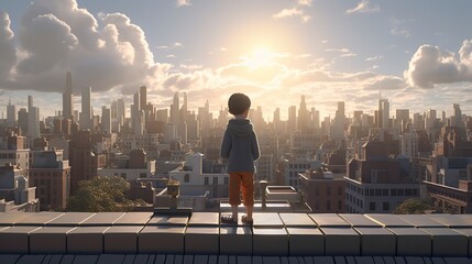 illustration, image of a boy with his back standing looking at the big city, ai generative.