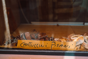 Cantucci, typical Italian dry almond biscuits for sale in the shop