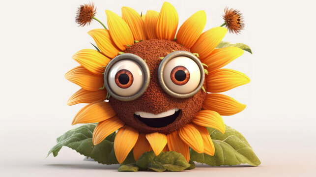 Funny sunflower with big eyes and ears with antennae. Smiling happy flower on isolated white background. Generative AI.