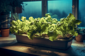 a hydroponic garden indoors in winter with lettuce in an environment with global illumination. generative ai
