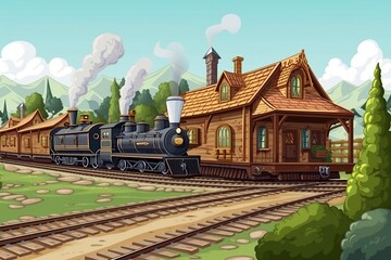 Fototapeta na wymiar cartoon illustration, train station in the village, ai generative