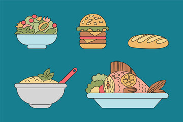 Set of different dishes. Vector color illustration cartoon style.