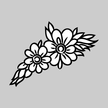 Hand drawn bunch with flowers and leaves isolated on white. Vector line art monochrome elegant floral composition in vintage style, tattoo design, coloring page, wedding decoration.