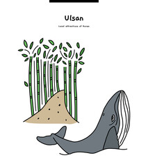 This illustration shows the local attraction of Ulsan in Korea, 'Simni Daebat (bamboo)' and the symbol of Ulsan, the whale.
