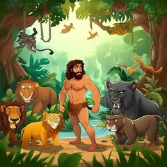 illustrative cartoon, tarzan with jungle animals, ai generative.