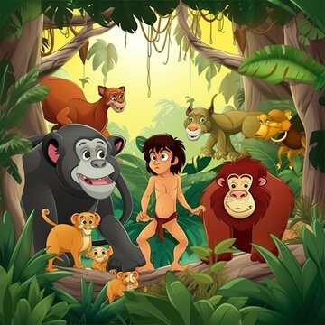 illustrative cartoon, tarzan with jungle animals, ai generative.