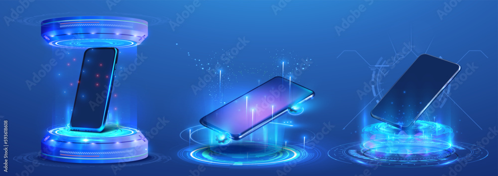 Leinwandbilder futuristic holograms and podiums with 3d mobile phones. abstract digital user interface technology. 