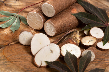 Fresh Organic Cassava Root - Manioc Esculenta; On Wooden Background