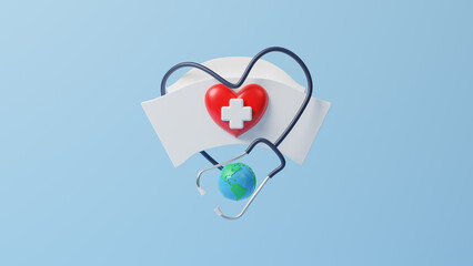 International nurse day, medical help and care concept, happy nurses day on earth with stethoscope to mark the contributions that nurses make to society, copy space for text, 3d rendering illustration