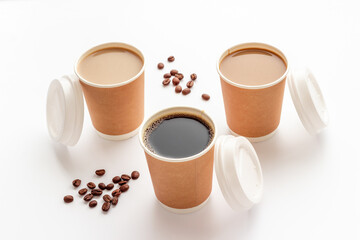 Many paper cups with coffee. Coffee to go background