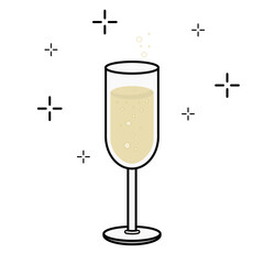 Crystal glass full of champagne, elegant drink, sophisticated celebration alcoholic beverage. Vector with editable color and stroke. Icon for party, bar, restaurant, New Year or Wedding celebration.