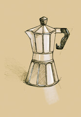 Hand drawn pencil sketch of geyser coffee maker on vintage style beige paper. Simple doodle, cute cartoon illustration for coffee shop menu design or interior decoration.