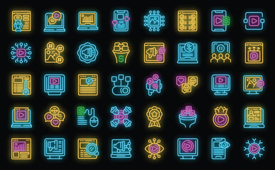 Viral content icons set outline vector. Like strategy. Magnet video neon color on black