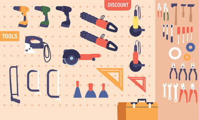 Well-organized Shelf Displaying A Vast Array Of Repair Tools, From Wrenches To Screwdrivers, and Electric Instruments