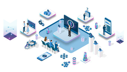 Isometric Block Pattern Illustration Show business content seminar communicate exchange information Investment and turnover