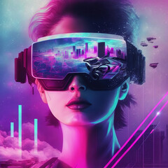 Ravishing cyberpunk gamer girl retro style portrait with neon and futuristic lighting wearing VR headset displaying cityscape virtual world double exposure by Generative AI. - obrazy, fototapety, plakaty