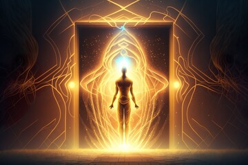 Eine Person in einer meditativen Pose auf einer Yoga-Matte mit geschlossenen Augen und symbolischen Elementen im Hintergrund, was die Verbindung von Yoga und Esoterik darstellt. (Generative AI)