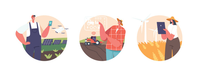 Farmers Male And Female Characters Work On Smart Technological Farm Isolated Round Icons Or Avatars, Vector Illustration