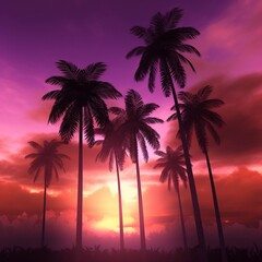Fototapeta na wymiar Tropical palm trees sillouhettes against a purple, pink and orange sunset sky. A.I. Generated 