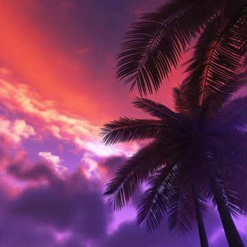 Tropical palm trees sillouhettes against a purple, pink and orange sunset sky. A.I. Generated

