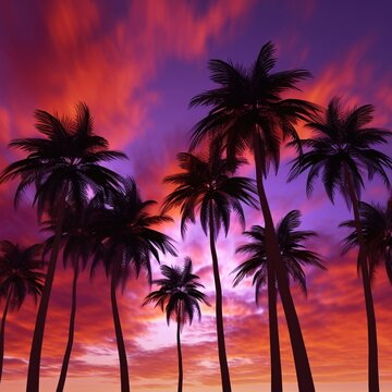 Tropical palm trees sillouhettes against a purple, pink and orange sunset sky. A.I. Generated
