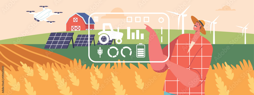 Poster modern farmer male character use precision farming techniques and data-driven insights are at the co