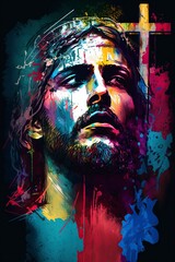 illustration, colorful art of jesus crucified, generative ai