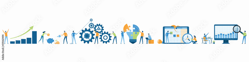 Aufkleber set flat vector business people team working and set cartoon character design about business activit