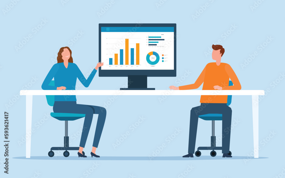 Poster two business people working for data analytics graph report dashboard and business marketing team me