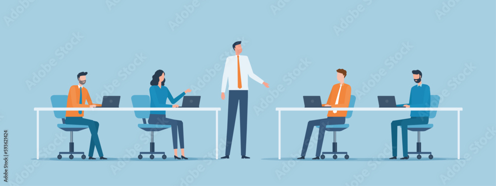 Poster flat vector group business people team meeting for project brainstorming concept. cartoon character 