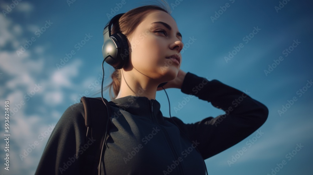 Wall mural Female Athlete Enjoying Music with Headphones While Exercising Outdoors. Generative AI.