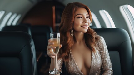 Obraz na płótnie Canvas Beautiful girl Having champagne In Corporate Jet. Generative AI.