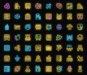 Daycare icons set outline vector. Kid toy. Child house neon color on black