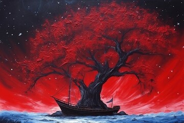 Red ship sails beautiful tree in space across starry sky 