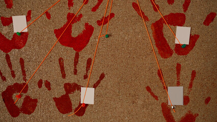 handprints of red, bloody color, on a cork board. An orange thread is drawn to each of the prints,...