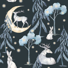 Watercolor vintage seamless pattern with forest white deers, hares on a dark background. Magic forest, night.Magic fairy tale.Children's print